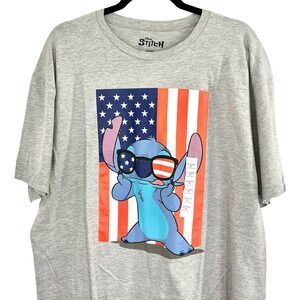 NEW Disney Stitch American Flag Graphic T Shirt Men's Size XL Crew Neck Gray